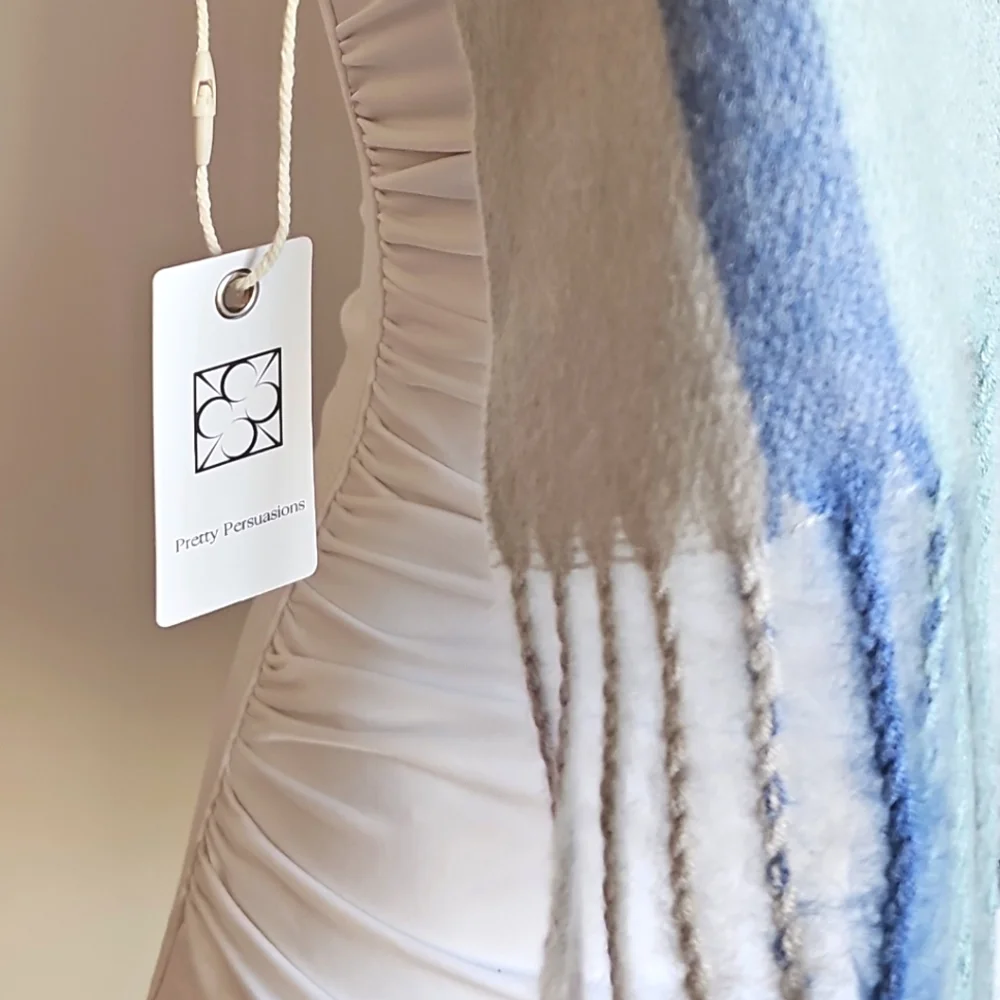 Pretty Pursuasians Scarf Pale Blue White Gray Fringe Scarf Wrap